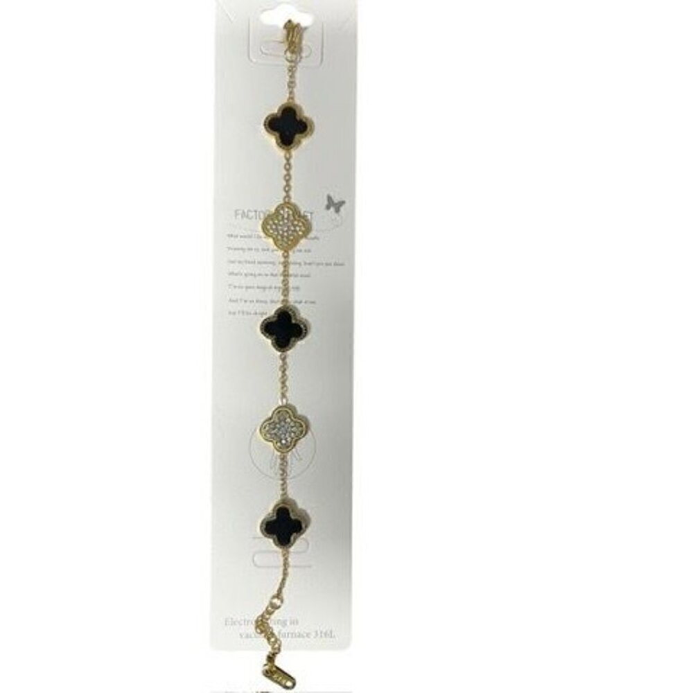 WOMEN PLATED Gold-Tone Clover IRISH SHAMROCK Charm Bracelet With Black & Crystal